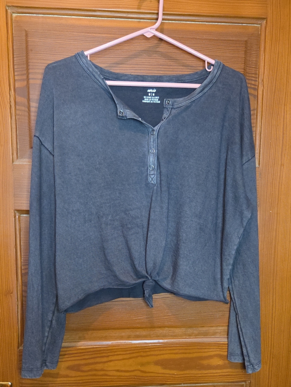 aerie Charcoal Gray Long-Sleeve Henley with Front Tie